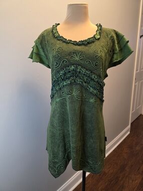 Agan Traders Green Stonewash Rib-knit Embroidered Boho Fairycore Cap Sleeve Top